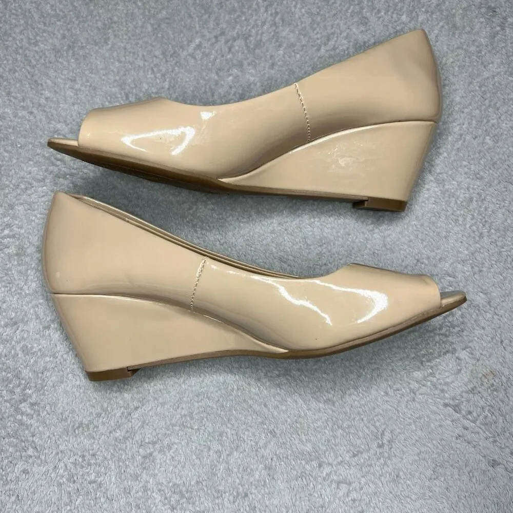 Cityclassified Comfort Low Wedge Slip On Open Toe Shoes Vegan Patent Women’s 8